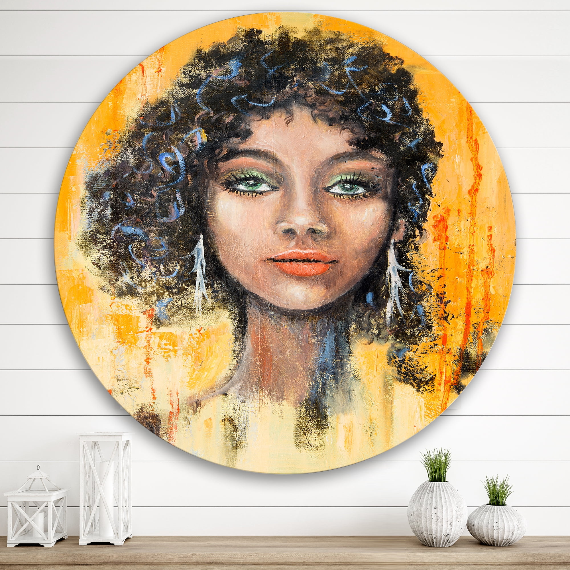 Designart 'Girl Face With Green Eyes & Black Hair Impression' Modern Circle Metal Wall Art 36x36 - Disc of 36