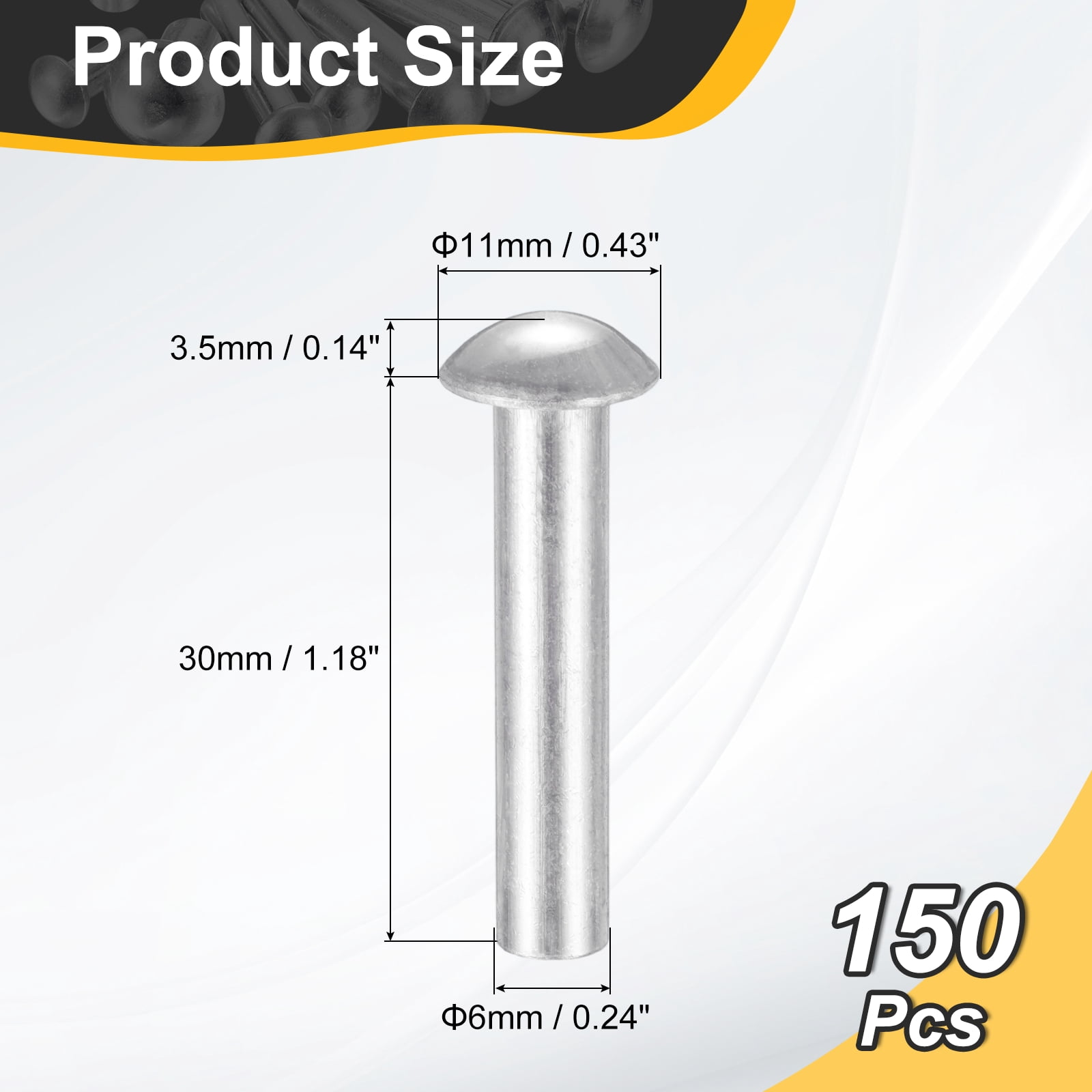 150Pack Brazier Head Rivets, M6 x 30mm Aluminum Solid Rivets, Silver Tone
