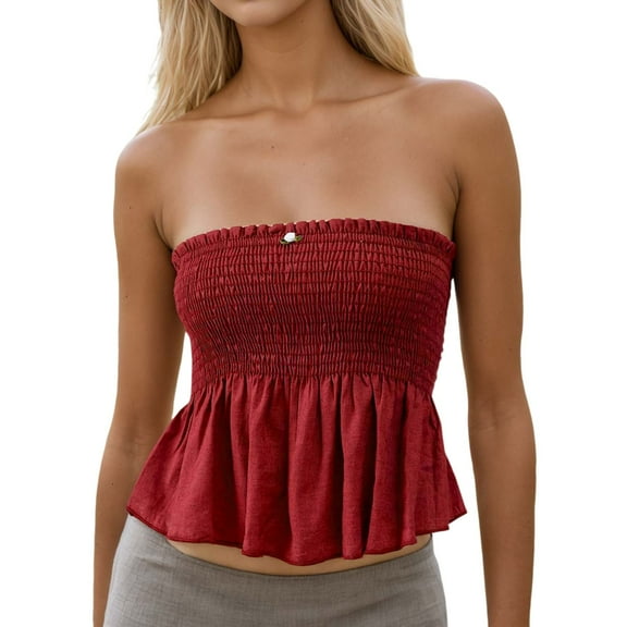 Women's Strapless Tube Top Summer Casual Bandeau Crop Tank Top Sleeveless Ruffle Design Flowy Blouse for Daily Wear