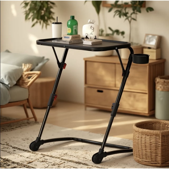 Black folding adjustable table with wheels and cup holder, holding books, a green bottle, white mug, placed in a sunlit living room corner.