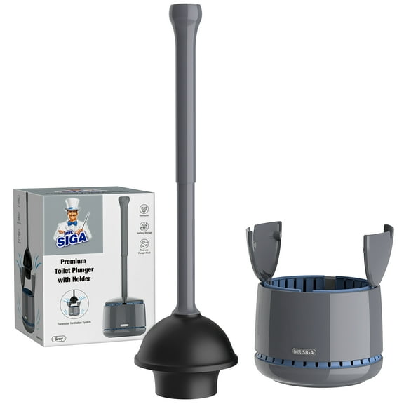 MR.Siga Toilet Plunger with Holder, Heavy Duty Plunger with Sturdy Handle for Toilet Cleaning, Gray