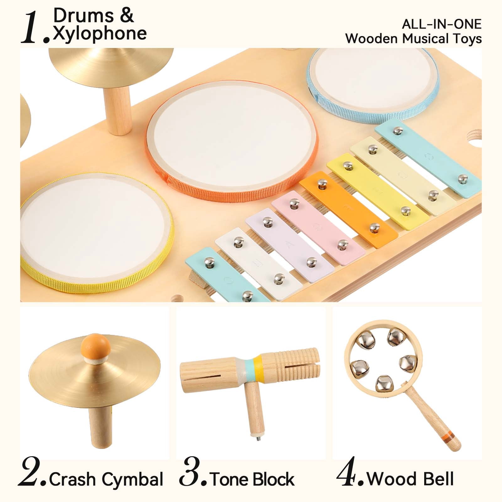 OATHX Kids Drum Set, Montessori Musical Instruments for Toddlers, Wooden Musical Toys for Baby, Preschool Educational Xylophone Drum Kit