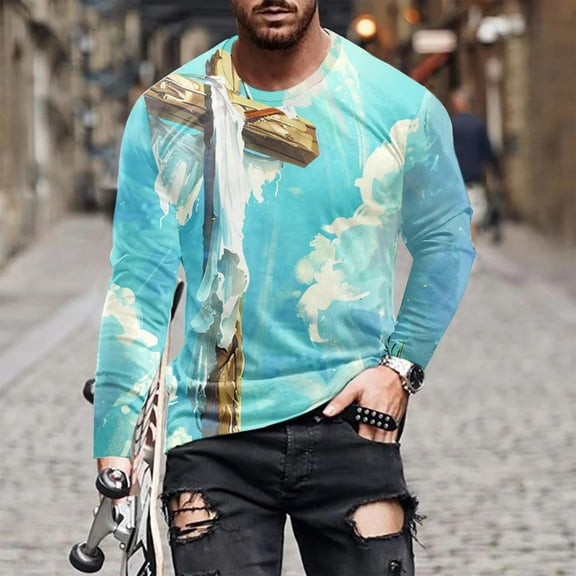 COSFO Crew Neck Mens Cross Casual Long Sleeve Tops Pullover Loose Graphic Tees