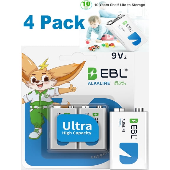 EBL Alkaline 9V Batteries, Long-Lasting 9 Volt Alkaline Batteries, 4 Pack