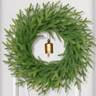Lyacmy 24 Inch Norfolk Pine Pre-lit Christmas Wreath for Front Door, Green Artificial Xmas Wreaths for Outdoor Christmas Decoration