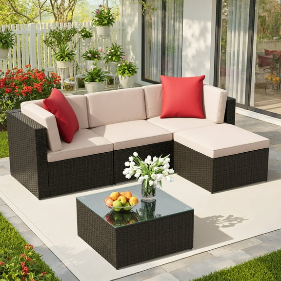 Lacoo 5 PCS Patio Outdoor Furniture Wicker Sectional Sofa with Cushion, Beige