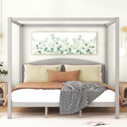 Bed Frame King Size Canopy Platform Bed with Headboard and Support Legs, Grey Wash