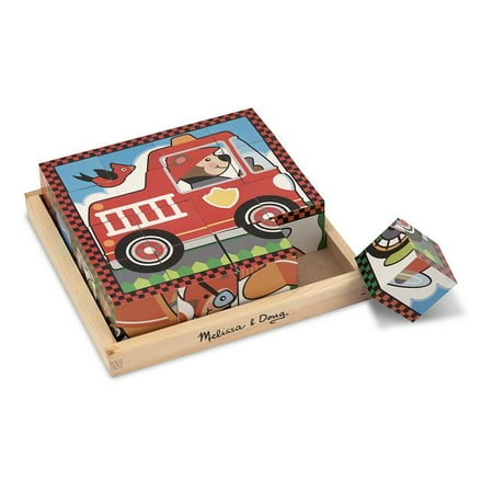 Construction Vehicles Shaped Puzzle - Melissa & Doug Vehicles Wooden Cube Puzzle with Storage Tray, 6 Puzzles in 1, 16pc