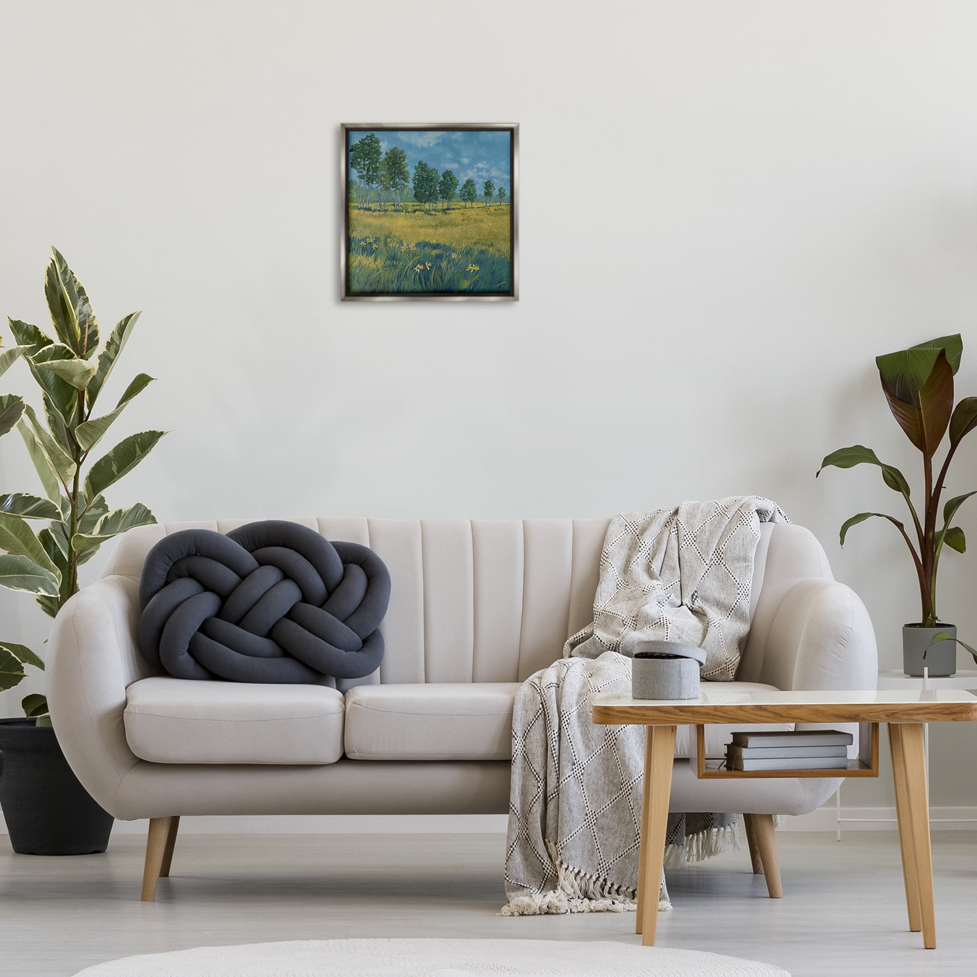 Stupell Industries Daffodil Field Landscape Landscape & Nature Painting Gray Floater Framed Canvas Art Print Wall Art, 18 x 18