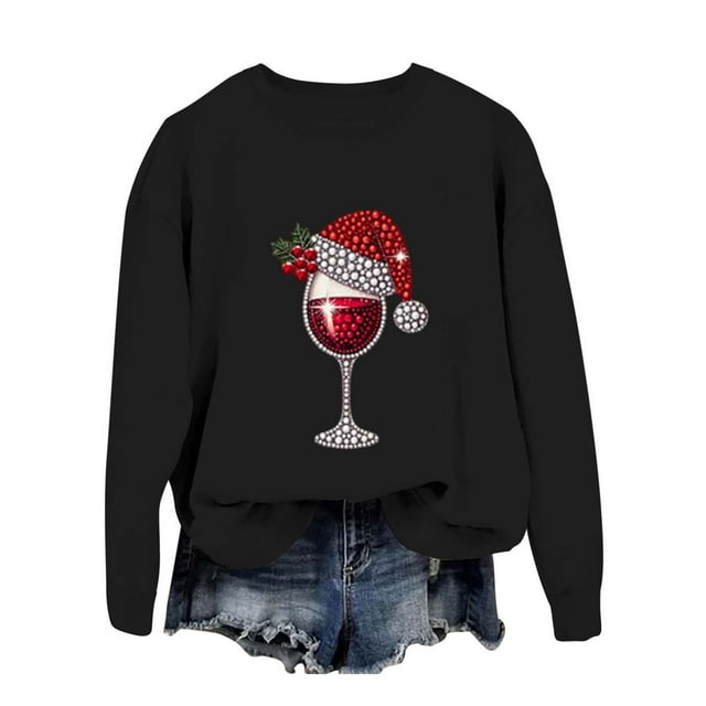 FYEGRE Chandail à Capuche Sans Capuche pour Femmes Manches Longues Col Rond Décontracté Sportif pour Vacances Saison Festive Noir TG