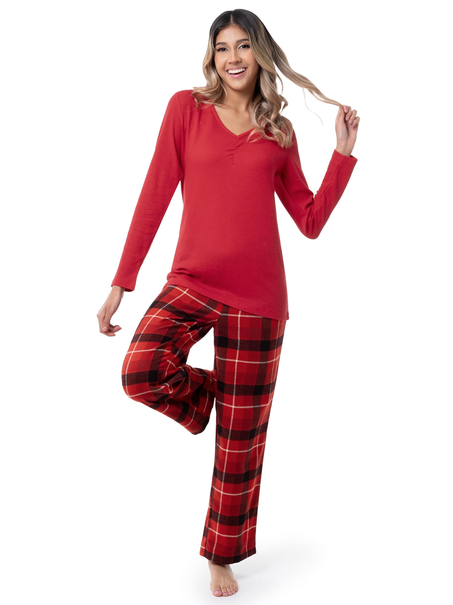 Fruit of the Loom Women's Beyond Soft Long Sleeve Waffle Top and Flannel Bottom Pajama Set, Sizes S-4X