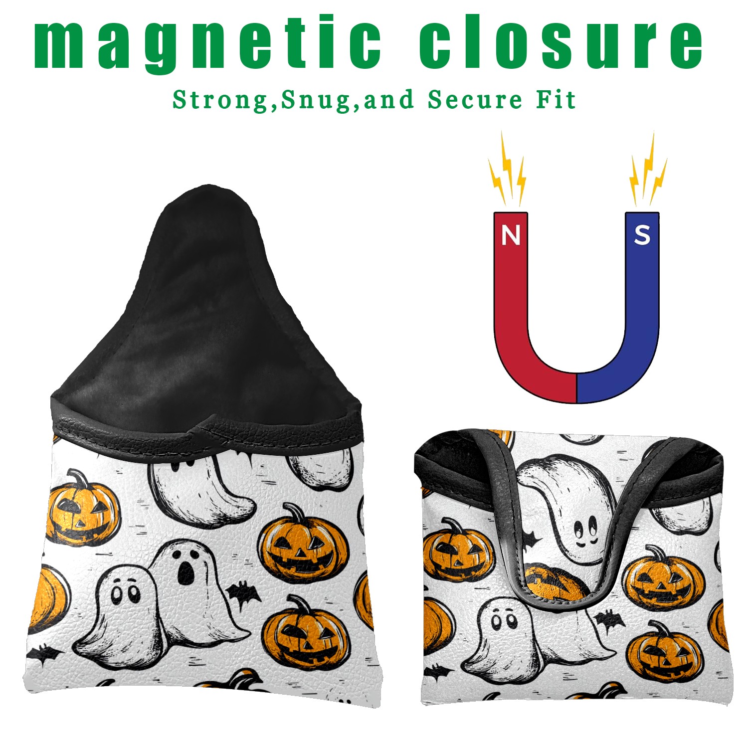Golf Mallet Putter Cover Premium Leather Waterproof Golf Putter Head Cover with Magnetic Closure Halloween Hand-painted
