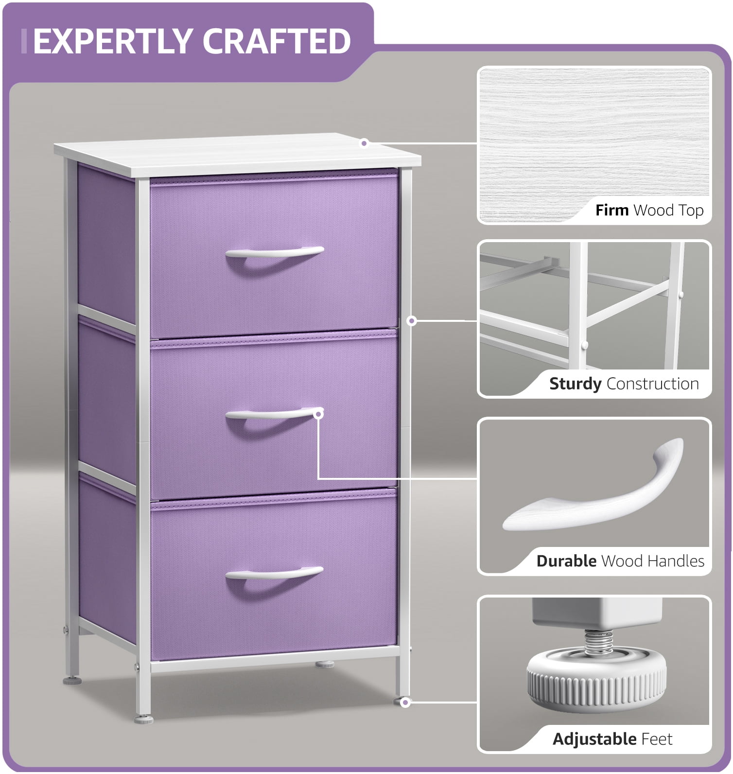 Sorbus 3-Drawer Nightstand with Steel Frame, Wood Top, Fabric Bins, Purple