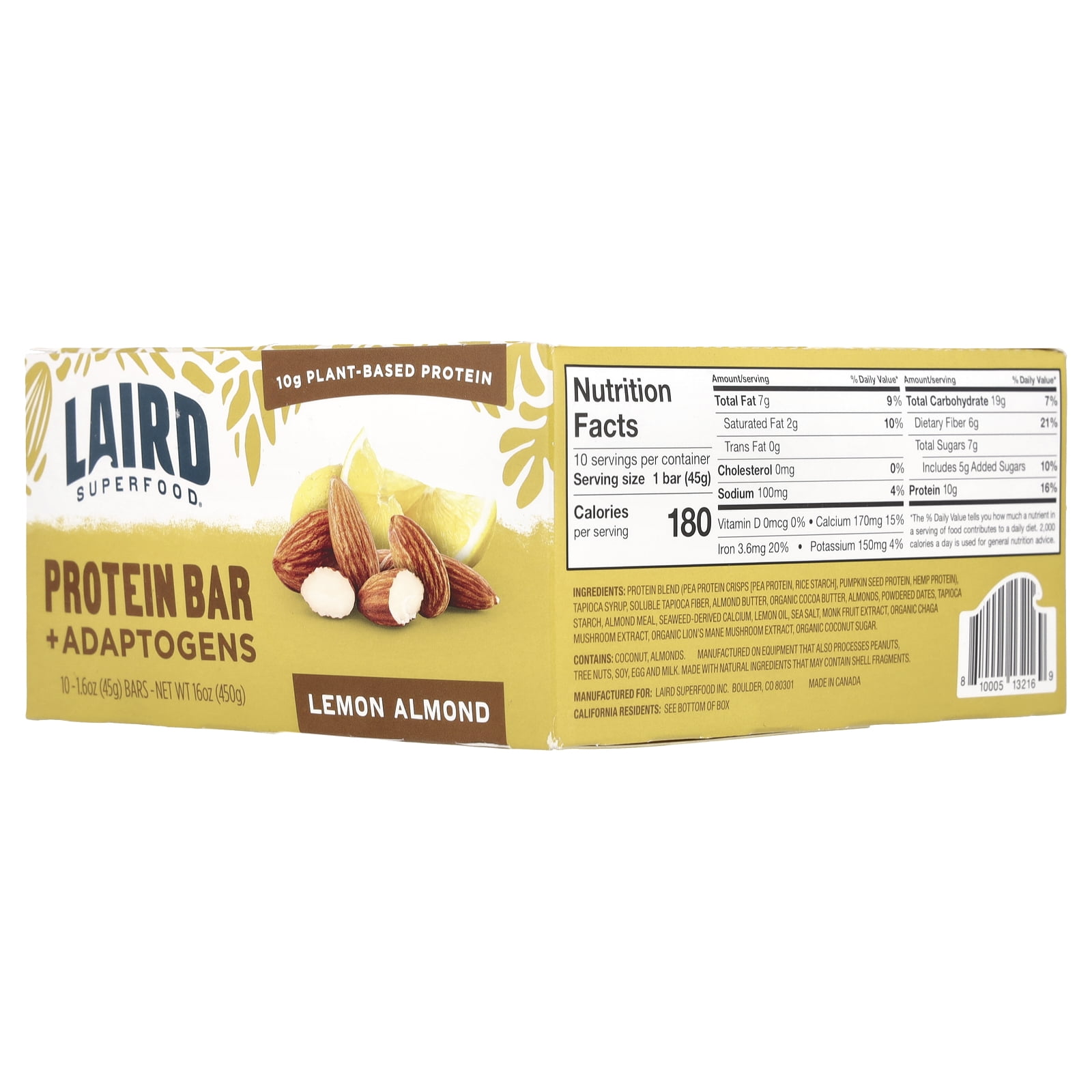 Laird Superfood Protein Bar + Adaptogens, Lemon Almond, 10 Packs, 1.6 oz (45 g) Each
