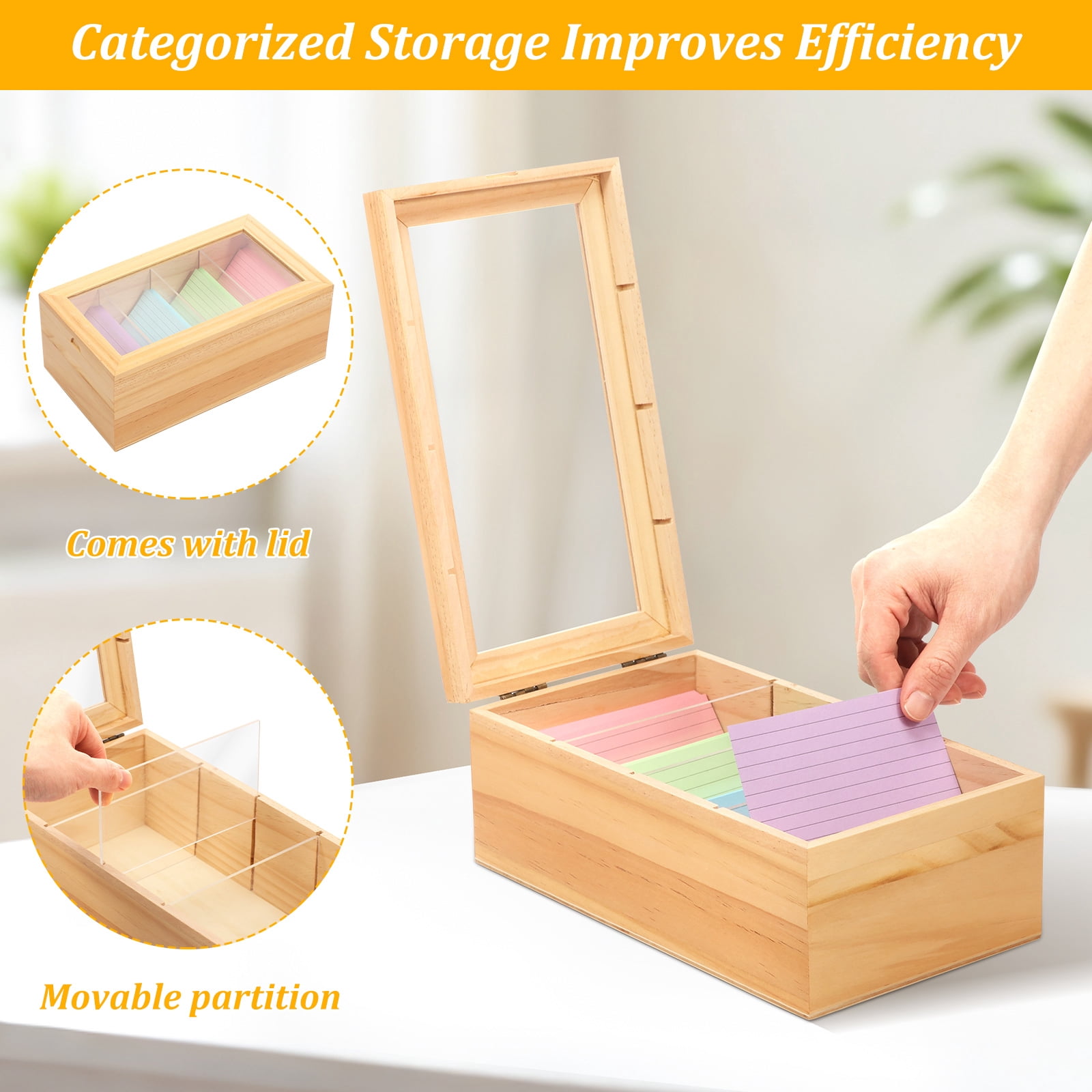 3 x 5in Index Card Holder Set Wood Recipe Box Organizer Index Card Organizer Adjustable Divider Without or With 300 Note Paper for Office Business Home