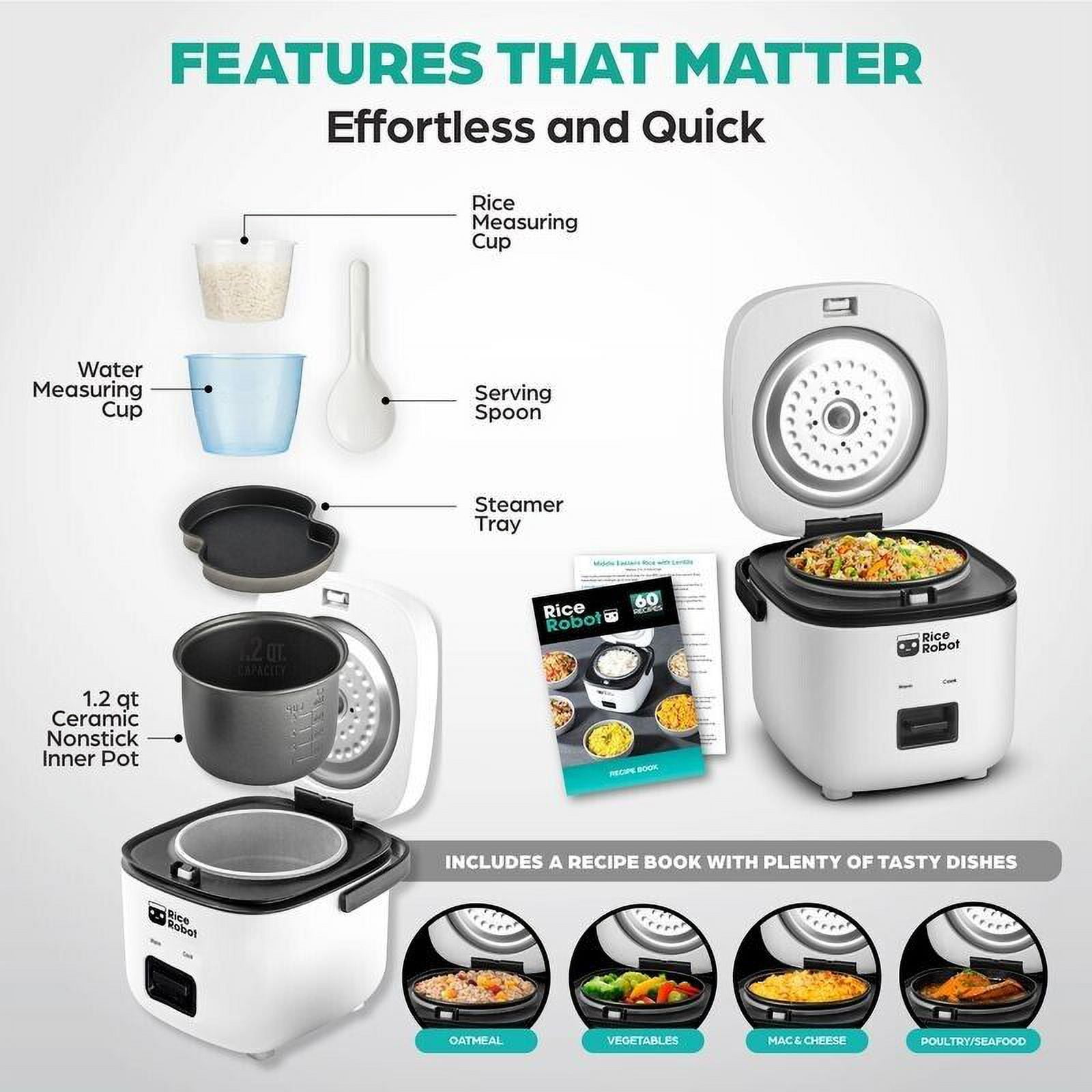 Rice Robot 4 Cup White Space Saving Rice Cooker with Ceramic Nonstick Inner Pot