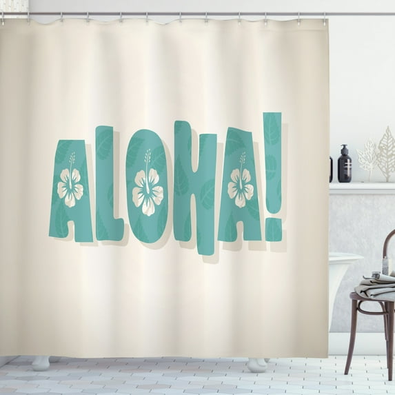 Aloha Shower Curtain, Bubbly Calligraphy with Flower Motifs on a Plain Background Tropical, Fabric Bathroom Set with Hooks, 69W X 70L Inches, Eggshell and Pale Teal, by Ambesonne