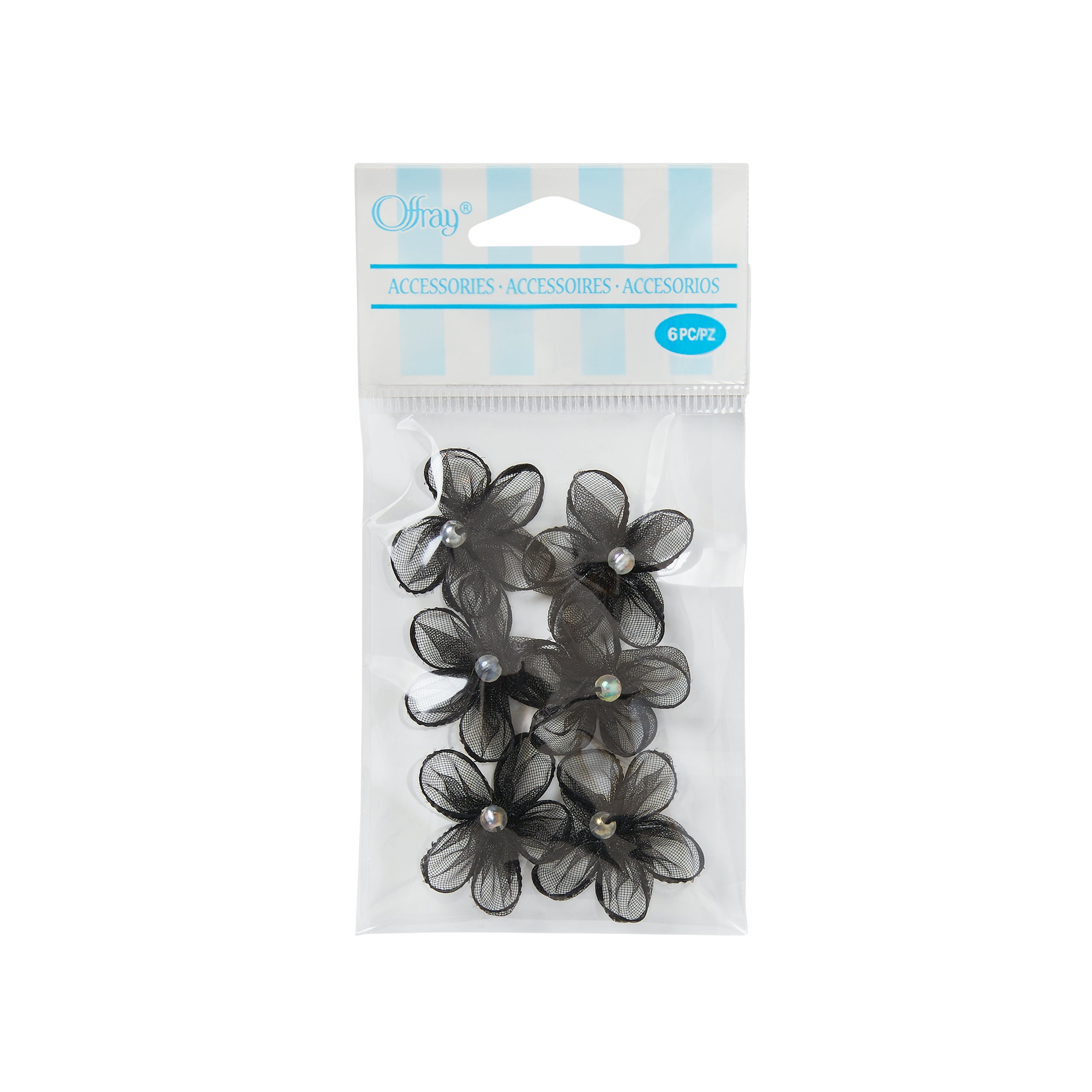 Offray Accessories, Black 3/4 inch 5 Petal Sheer Flower with Pearl Accessory for Wedding, Hair Clips, and Scrapbooking, 6 count, 1 Package