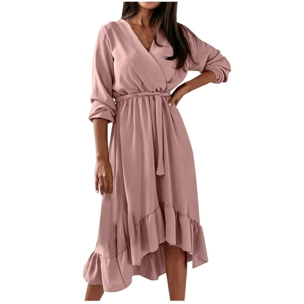 Vestido de falda con volantes ajustado en la cintura con cordones y temperamento de manga larga de color solido con cuello en v de primavera y otono