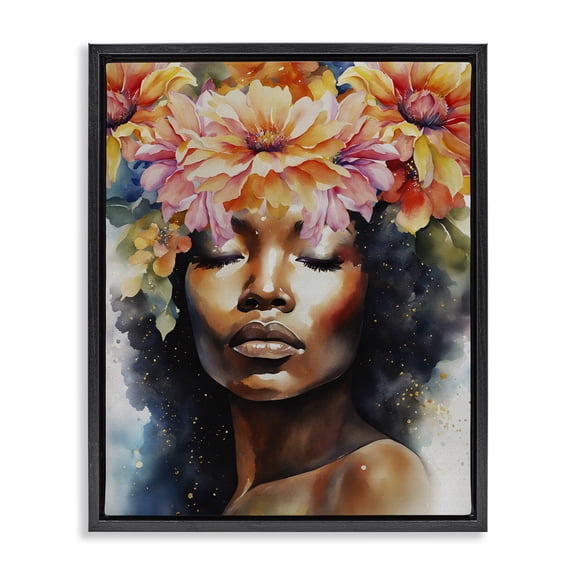 Stupell Industries Sleepy Flower Female Portrait People Painting Black Floater Framed Canvas Art Print Wall Art, 17 x 21