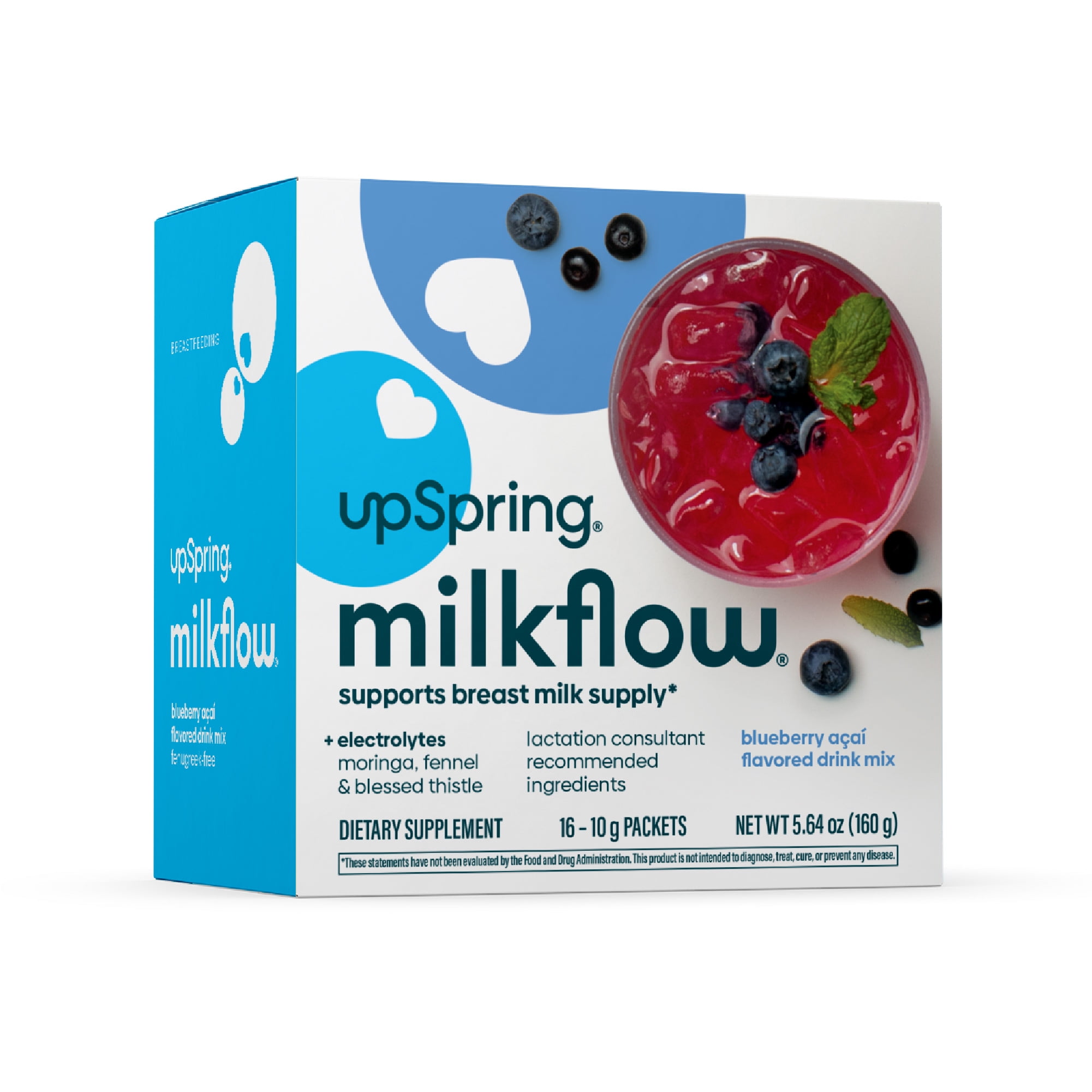 UpSpring Milkflow Fenugreek-Free Breastfeeding Drink Mix with Electrolytes, Blueberry Acai, 16 Count