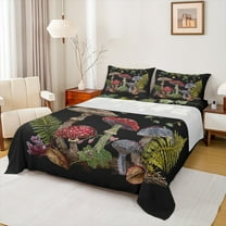 Manfei Wild Mushroom Twin Sheet Sets, Botanical Plant Twin Fitted Sheet, Vintage Embroidery Style Flat Sheet, Microfiber Bedroom Decor 3pcs