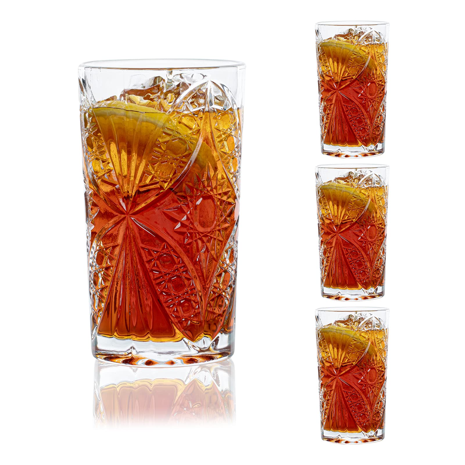 14oz Unique Highball Glasses[Set of 4], Vintage Crystal Drinking