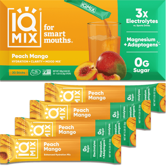 IQMIX Sugar Free Electrolyte Powder Packets - Keto Electrolytes with Lions Mane, Magnesium L-Threonate, Potassium Citrate - Peach Mango (20-Count)