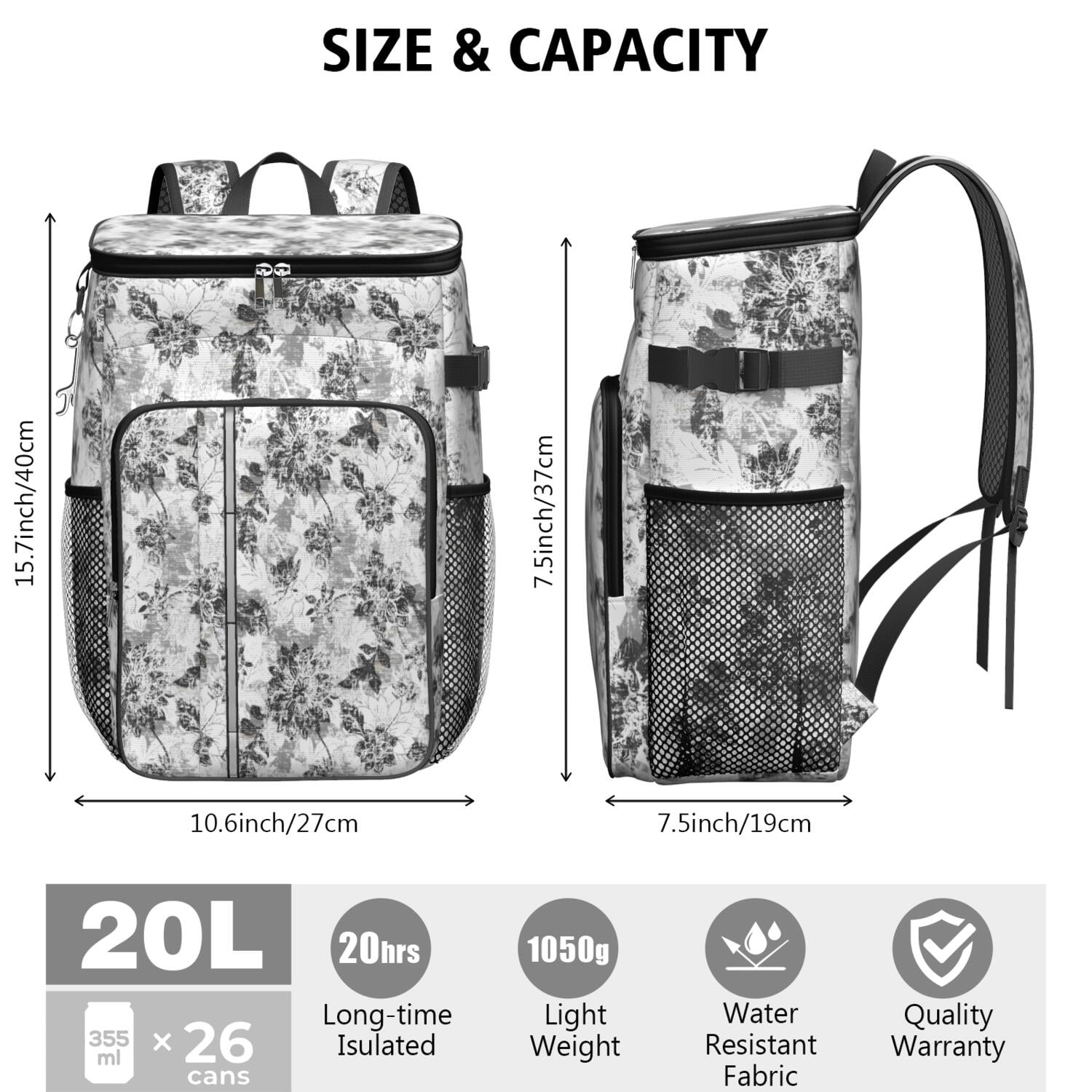 Travel Cooler Bag - Pioneer Flower Floral Print Pattern Camping Beer Cooler Backpack with Bottle Opener- Waterproof Insulated Picnic Backpacks - Cooler Bag for Beach