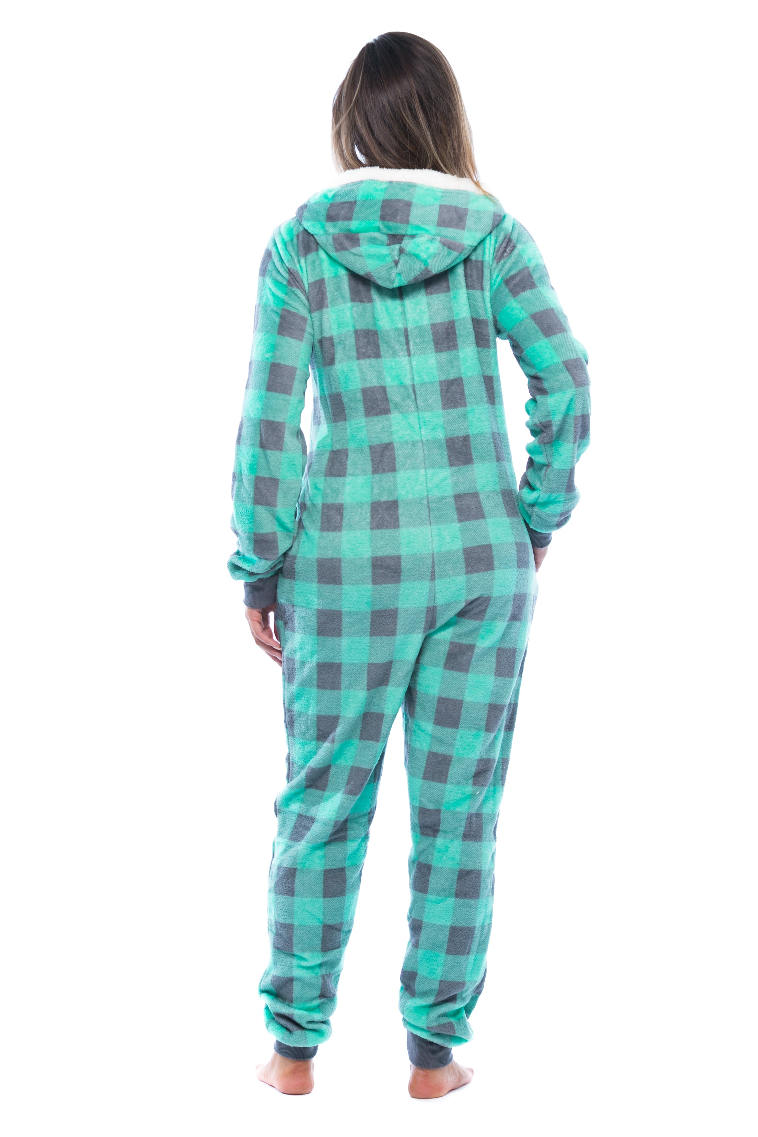 Just Love Buffalo Plaid Adult Onesie Sherpa Lined Hoody One Piece Pajamas (Mint Buffalo Plaid, Small)