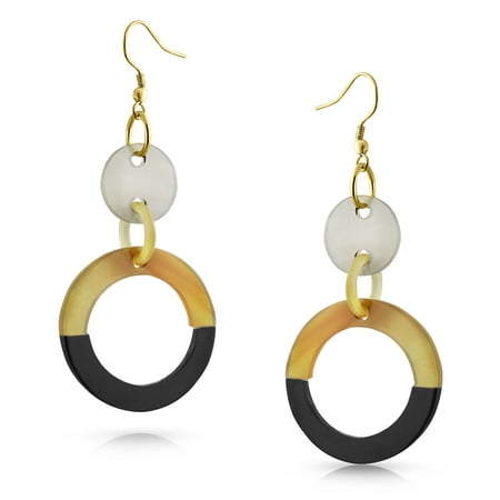Tribal Geometric Hand Made Round Circle Beige Brown Tan Organic Boho Fashion Buffalo Horn Dangle Earrings For Women