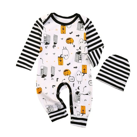 

Newborn Baby Girls Boys My First Halloween Romper Pumpkin Stripe Bodysuit Jumpsuit Hat Halloween Outfits 0-24M