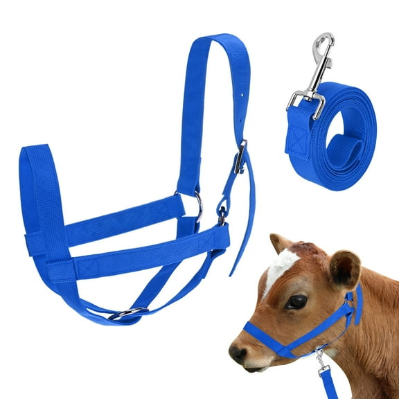 Uxcell 1-Pack Adjustable Cattle Cow Calf Halter, 16.54"-20.47" Nylon Livestock Cow Halter with Leading Rope [Blue]