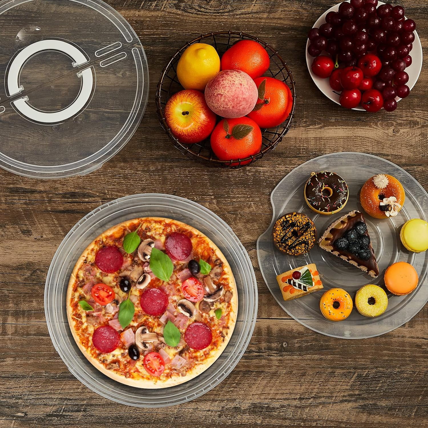 3 Pcs 12 Inch Pie Carrier with Lid and Handle, 2 Compartments Food Storage Container Round Pizza Holder Reusable Pizza Keeper for Egg Cheese Tortilla Pastry Cakes Desserts