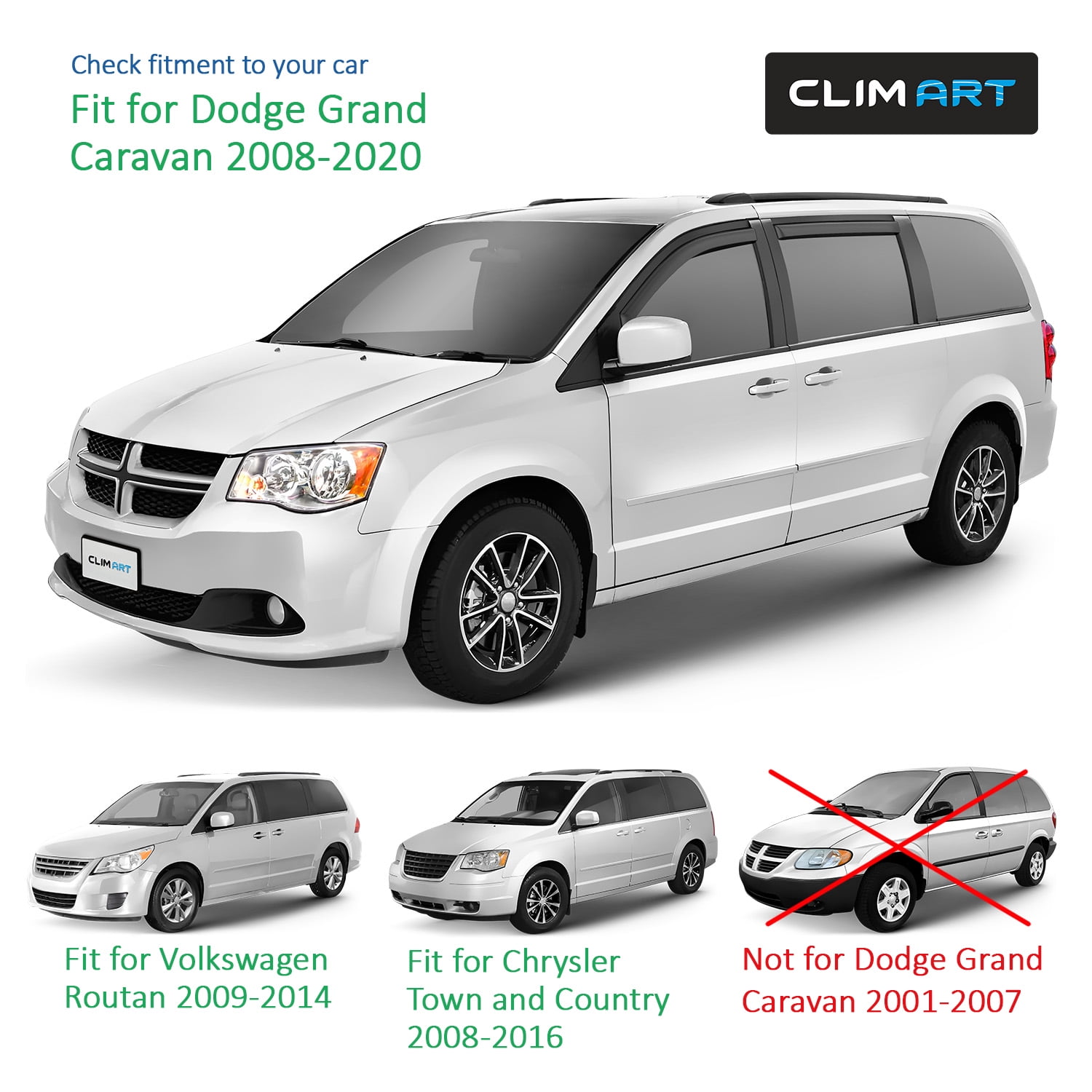 CLIM ART in-Channel Incredibly Durable Rain Guards for Dodge Grand Caravan 2008-2020, Original Window Deflectors, Vent Window Visors, Vent Deflector, 4 pcs. - 608252