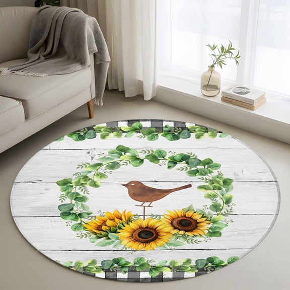 Spring Eucalyptus Sunflower Round Area Rug 4Ft Washable Circle Rugs for Bedroom Dining Room, Farmhouse Birds Gray Wood Non-Slip Carpet Floor Mats Indoor Outdoor Carpet Runner Aesthetic Home Decor