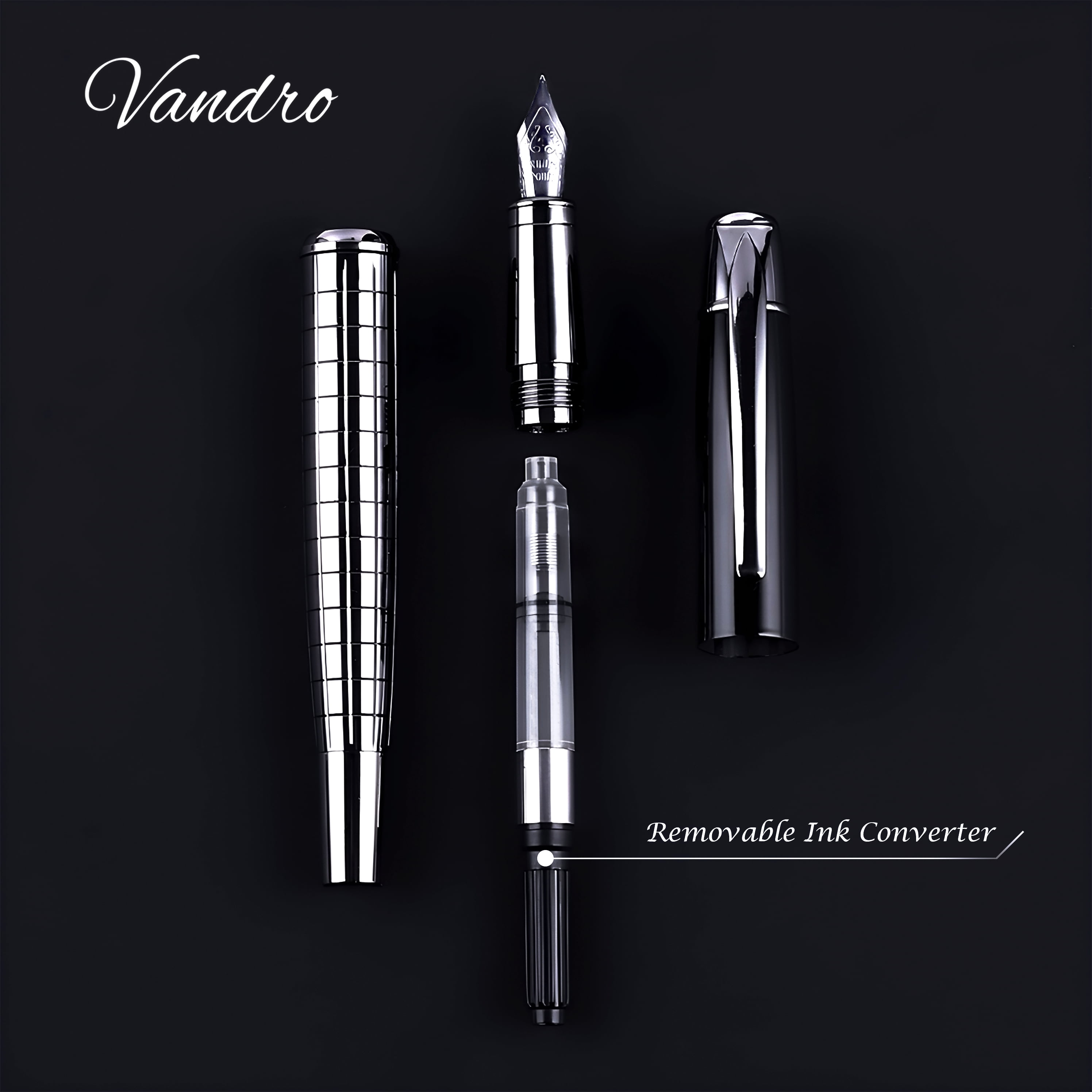 Vandro Complete Luxury Fountain Pen Set - Comfortable Grip with Smooth Fine Nib - Includes 10 Pack Ink Cartridges, Black Ink Bottle, Ink Refill Converter & Gift Box - Sky Silver