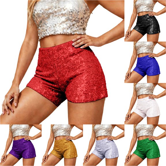 Xiaoxatg Sequin Stretch Waistband Slim Fit Low Rise Casual Shorts Red L
