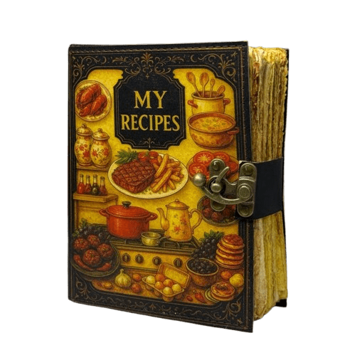 Handmade Leather Recipe Journal – 5x7 Inch Vintage Cookbook Notebook with 200 Deckle Paper Pages, Antique Clasp, Personalized Kitchen Recipe Keeper