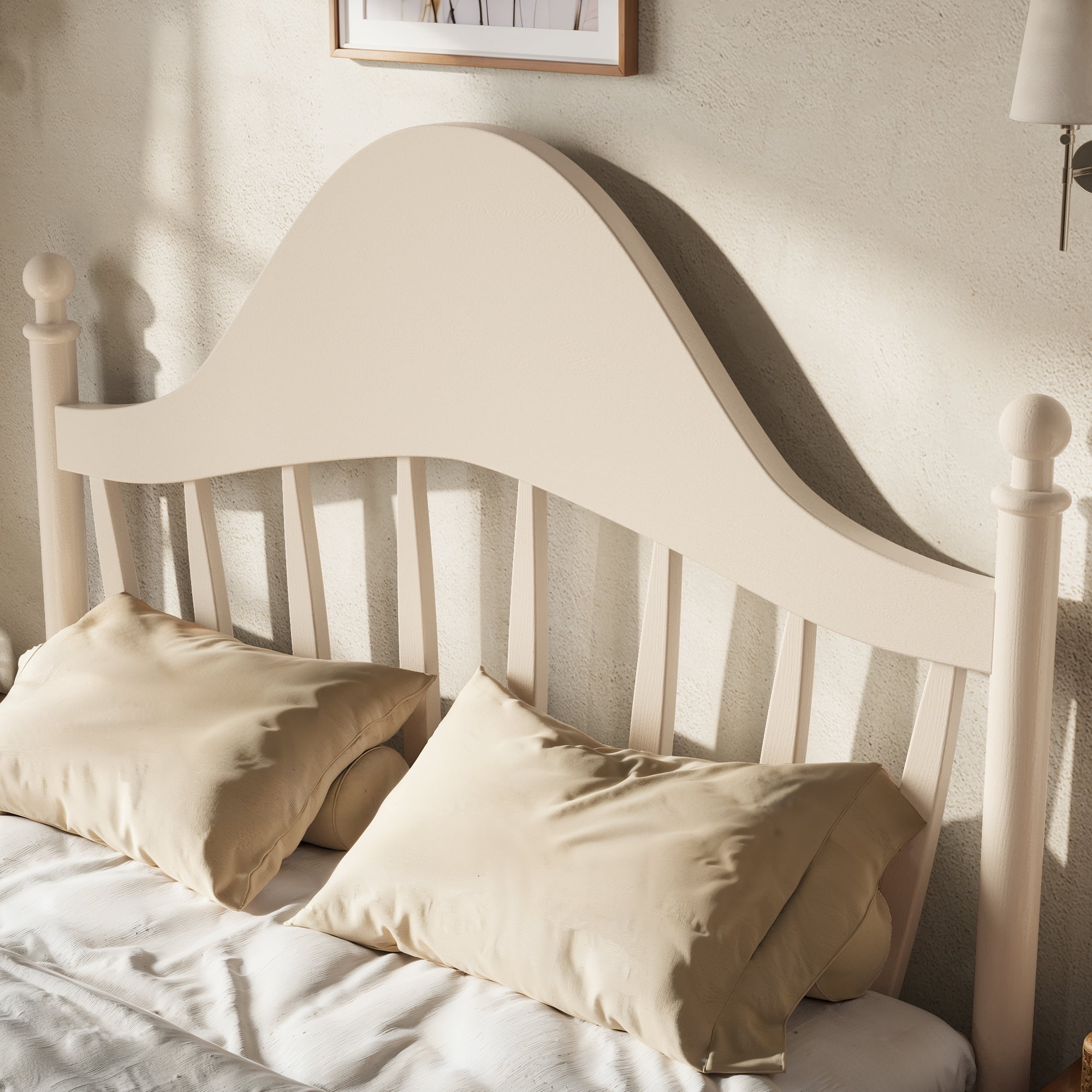 Leumius Full Size Platform Bed with Chic Headboard, Solid Wood Bed Frame with Slatted Support, Low to Ground Design for Bedroom Beige