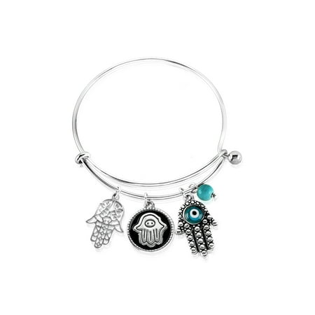 Gold Evil Eye Jewelry - Hamsa Charm with Evil Eye Stainless Steel Bangle Bracelet - 7