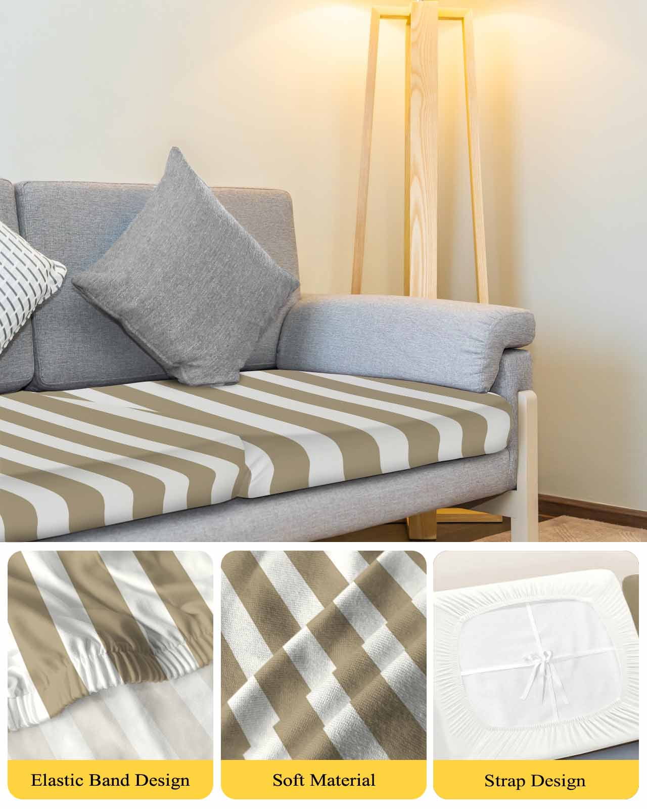 Beige Striped Couch Cushion Covers,Stretch Seat Cushion Covers for Sectional Sofa,Modern Farmhouse Beige White Stripes T-shaped Sofa&nbsp;Slipcovers Furniture Protector with Elastic&Straps 3Pcs,S