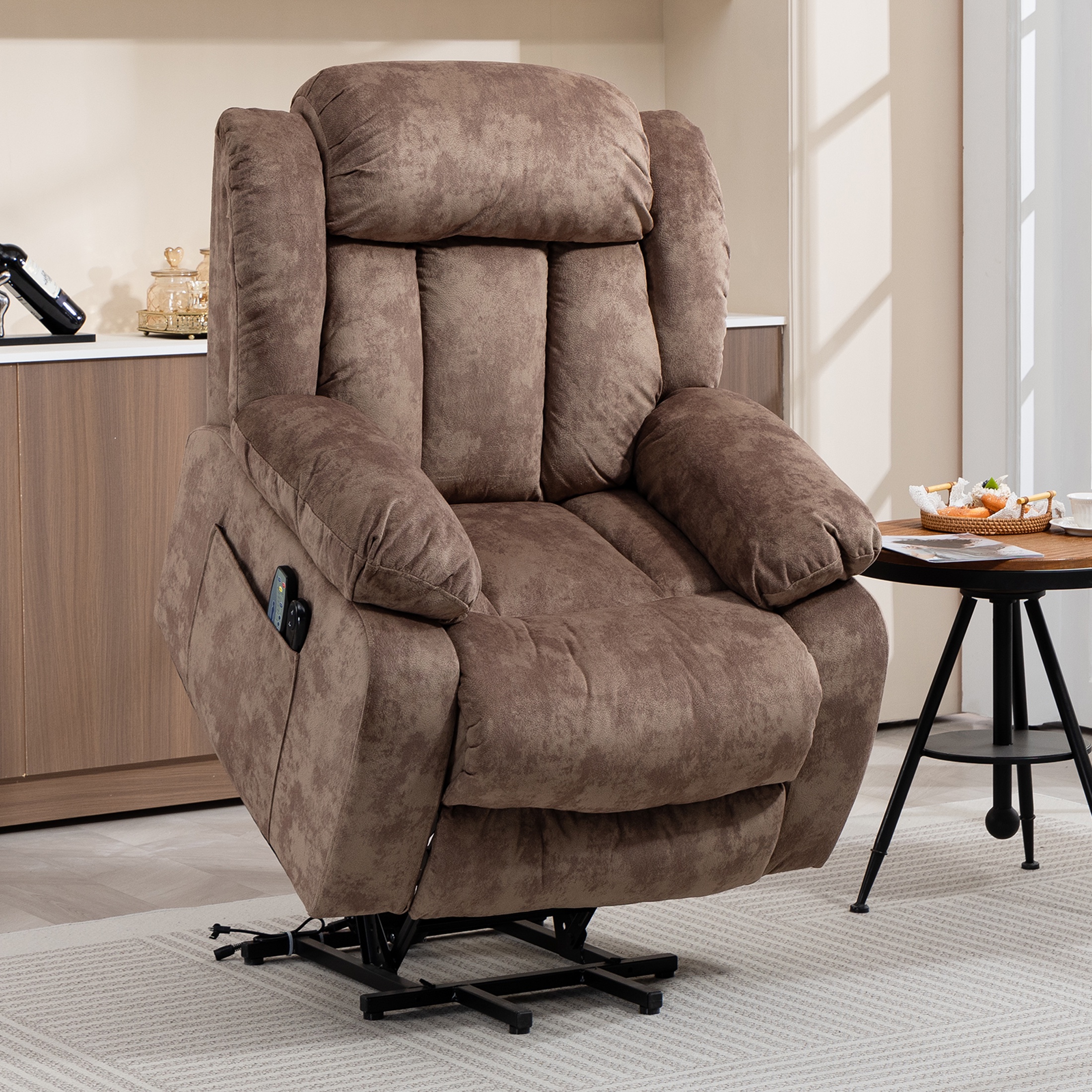 Power Lift Recliner Chair with Heat and Vibration Massage, UHOMEPRO Modern Fabric Elderly Electric Reclining Sofa with Remote Control and Side Pockets for Living Room Home Theater, Light Brown
