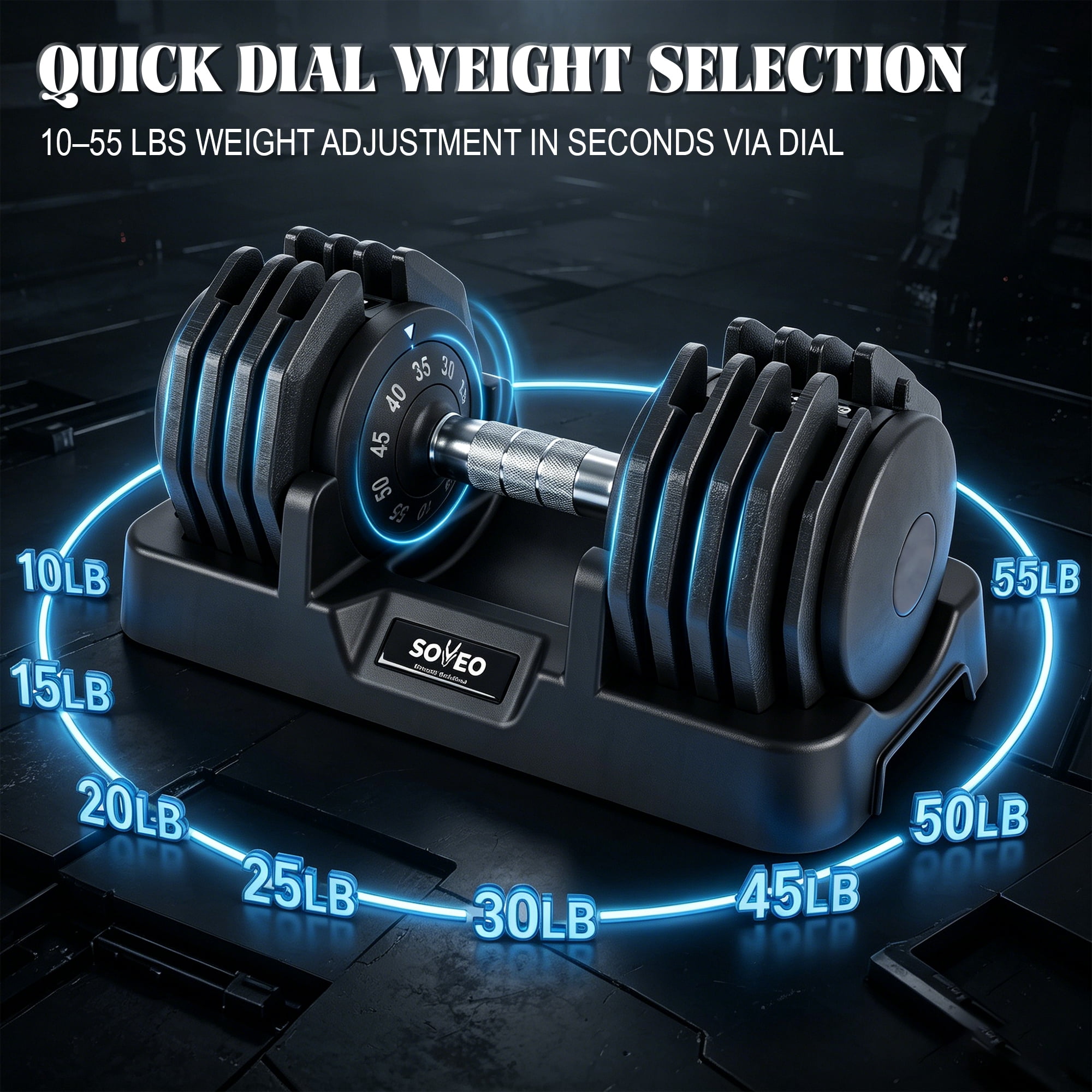 Leumius Adjustable Dumbbell, 5-55 LBS Quick-Select Weight Dumbbell with Non-Slip Grip & Base, for Home Gym Strength Training,Black