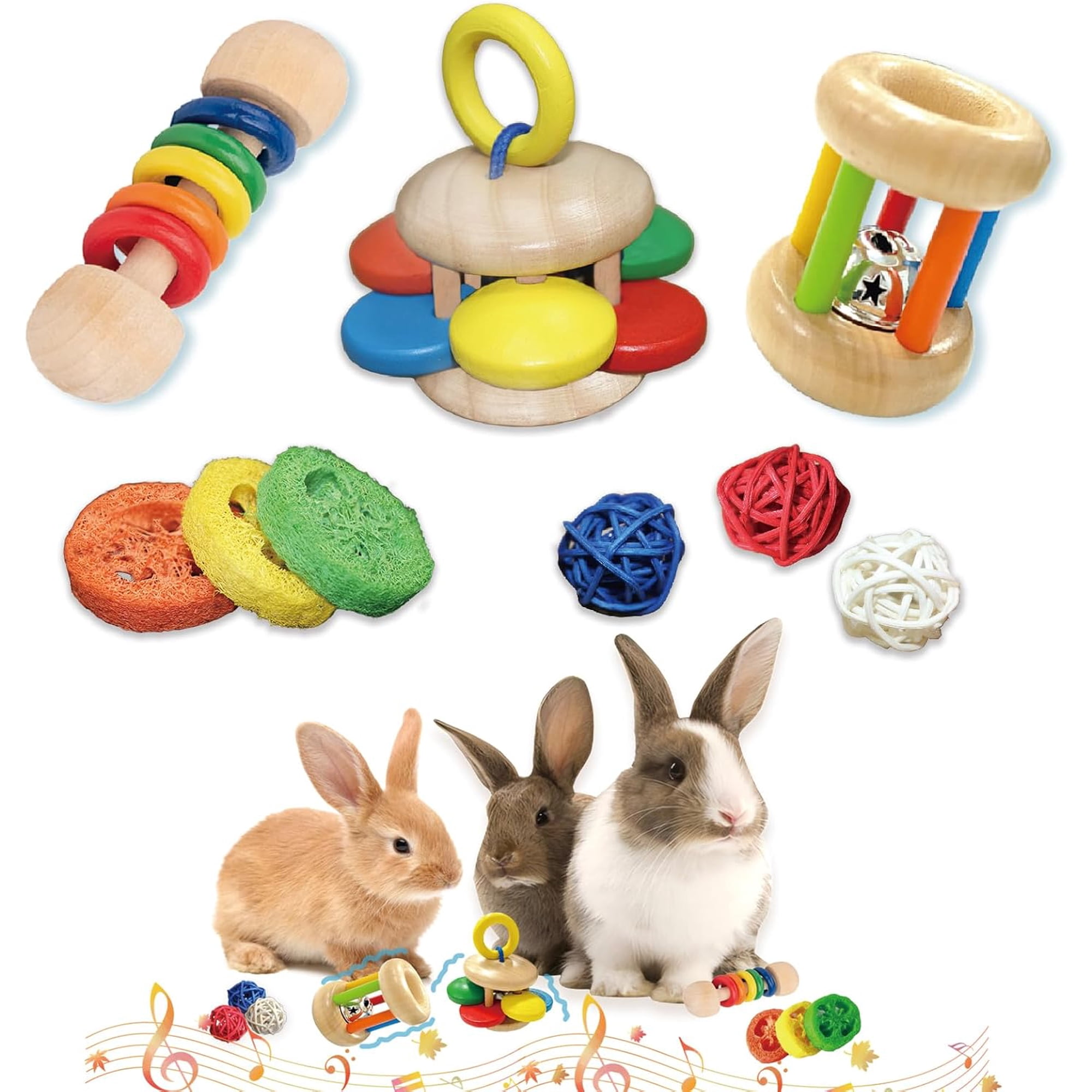9PCS Wooden Bunny Toys,Safe Rabbit & Guinea Pigs Teeth Grinding Toy for Chinchillas, Hamsters & Small Animals - Indoor & Outdoor