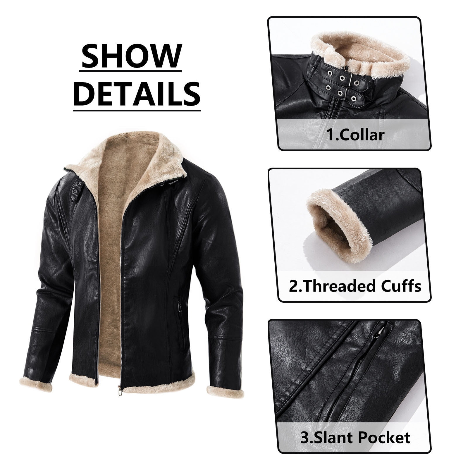 YLSDY Fashion Men's Casual Faux Leather Zip Up Long Sleeve Bomber Jacket Fashion Suede Sherpa Jacket Trendy PU Coat with Pockets Black XL