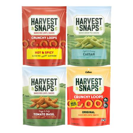 Variety Pack Harvest Snaps Veggie Chips, 4 Flavor Assortment - Tomato Basil, Caesar, Original , Hot & Spicy - 4 Pack, Gluten-Free Snacks, Plant-Based Protein, Healthy Crunchy Snack Option