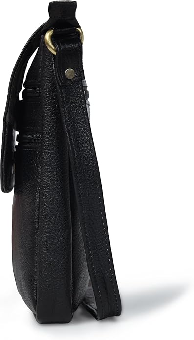 ADYAN Black Genuine Leather Crossbody Messenger Bag for Men and Women Travel Shoulder Bag with Adjustable Straps Compact Stylish Everyday Pouch for Office Work and Casual Use 7x8.5x1.5 Inch