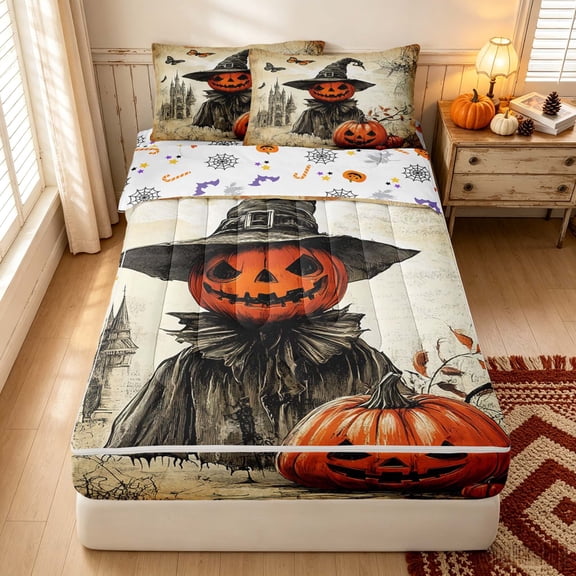 Erosebridal Spooky Witch Pumpkin Zipper Full Size Comforter Sets with Fitted Sheet and 2 Pillowcases, Boho Castle Butterfly Zipper Bedding Set for Boys Girls, Orange Beige Black, Halloween Reversible