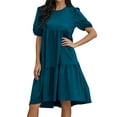 thumbnail image 3 of HUBERY Women Crew Neck Short Puff Sleeve Ruffled Keyhole Back Midi Dress, 3 of 6